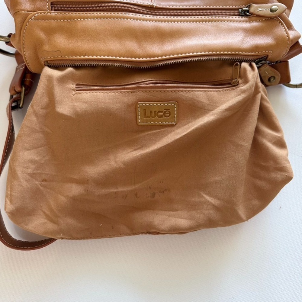 LUCE Leather Hobo Handbag Purse Shoulder Bag Brown‎ Tan Zip Closure Boho - Picture 13 of 16